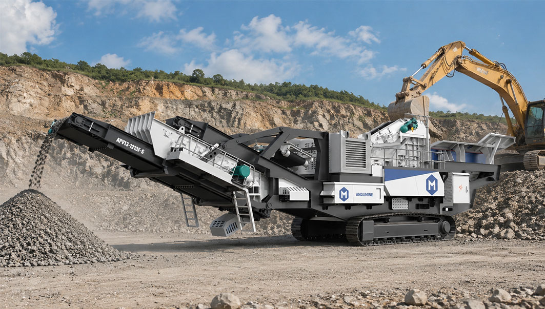 ANDAMINE mobile impact crusher 3d model with quarry background